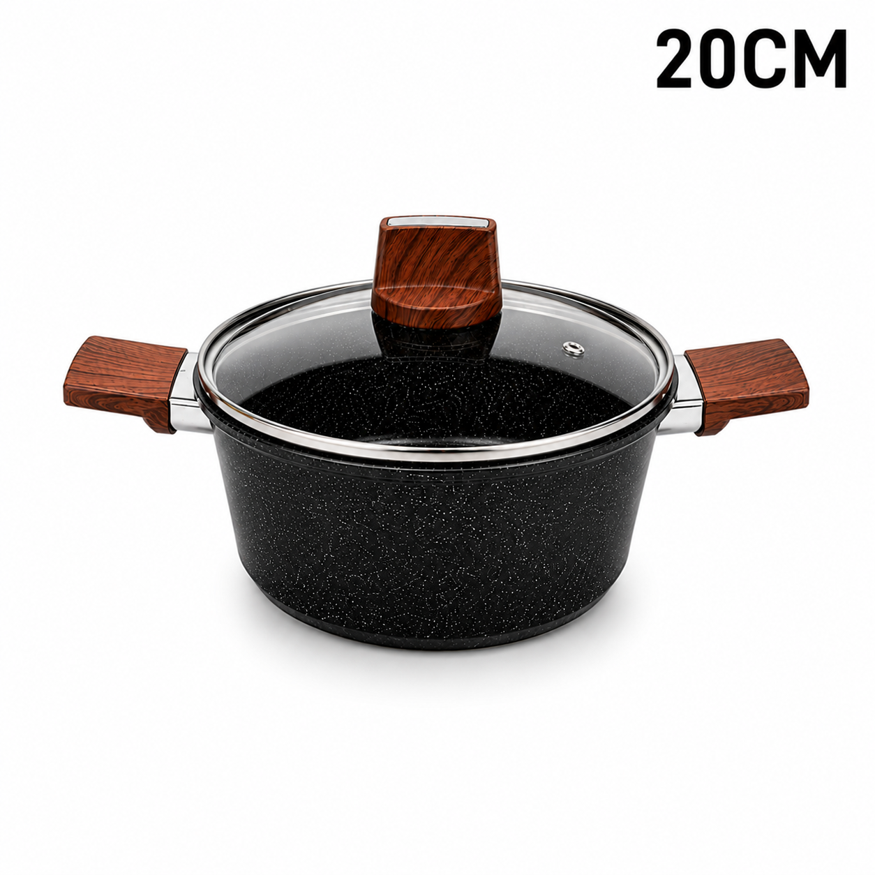 Marble Coated 20CM Dual Wooden Handled Stock Pot with Lid