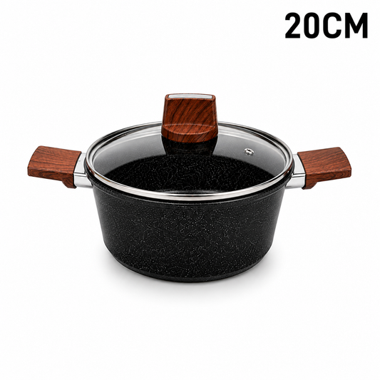Marble Coated 20CM Dual Wooden Handled Stock Pot with Lid
