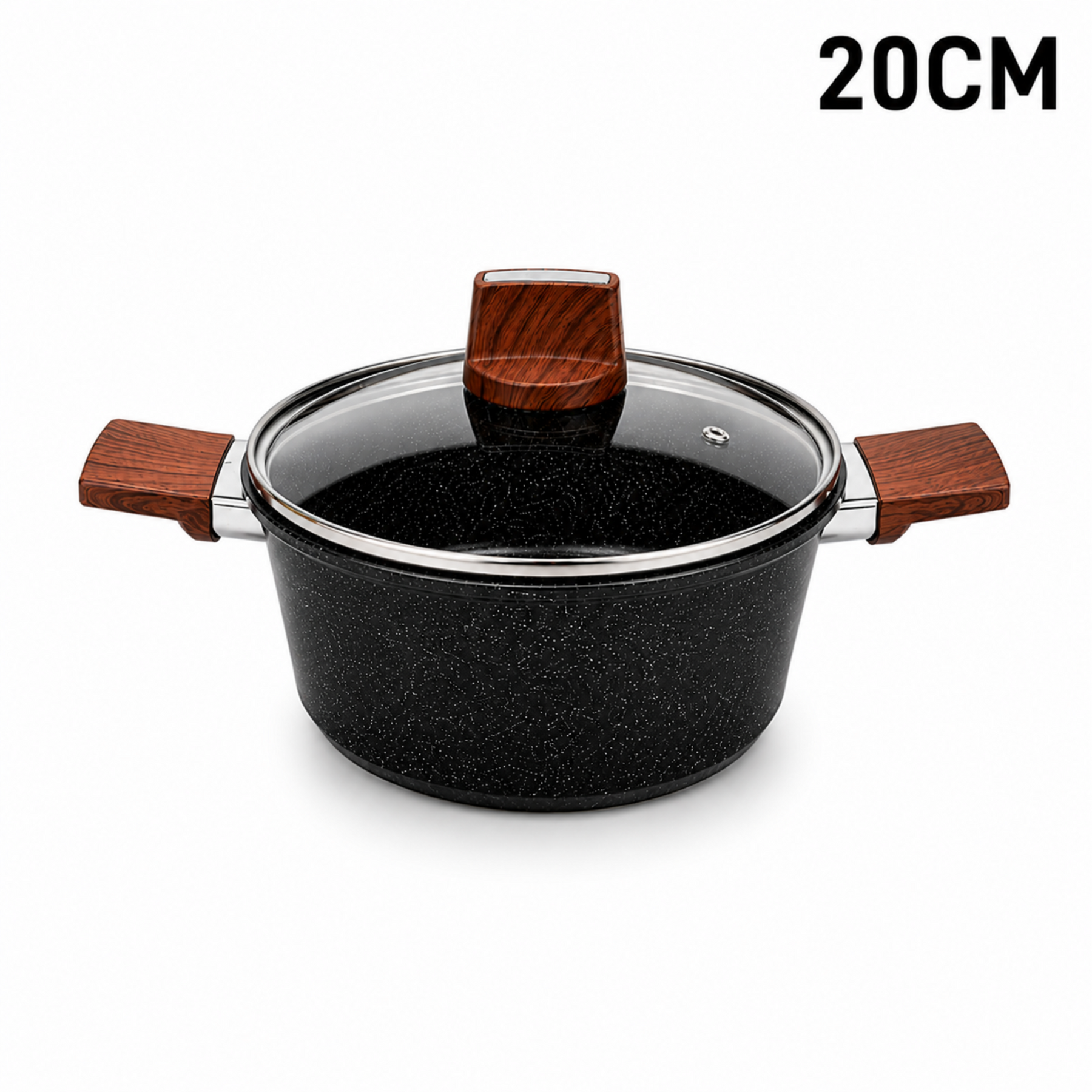 Marble Coated 20CM Dual Wooden Handled Stock Pot with Lid