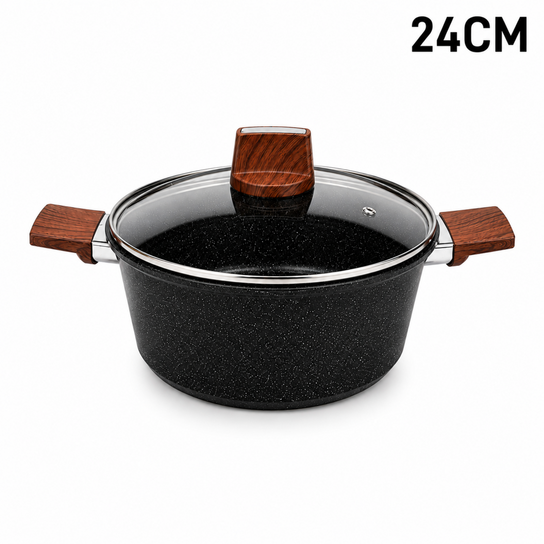 Marble Coated 24CM Dual Wooden Handled Stock Pot with Lid