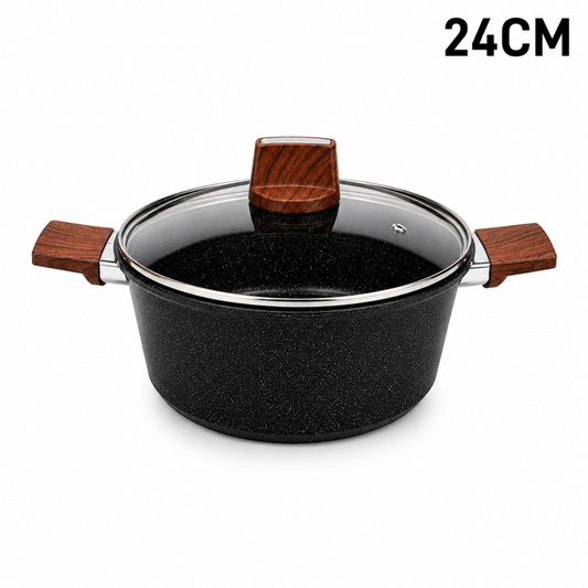 Marble Coated 24CM Stock Pot with Glass Lid and Dual Wooden Handles