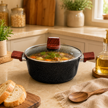 Marble Coated 28CM Dual Wooden Handled Stock Pot with Lid