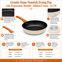Granite Stone Nonstick Frying Pan with Ergonomic Handle - Ribbed Cream - 22 CM