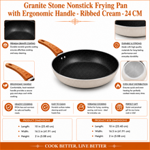 Granite Stone Nonstick Frying Pan with Ergonomic Handle - Ribbed Cream - 24 CM
