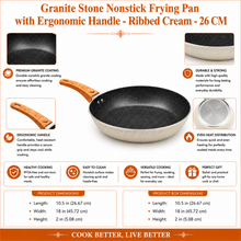 Granite Stone Nonstick Frying Pan with Ergonomic Handle - Ribbed Cream - 26 CM