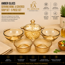 Amber Glass Serving Bowl & Covered Soup Set - 5 Piece Set