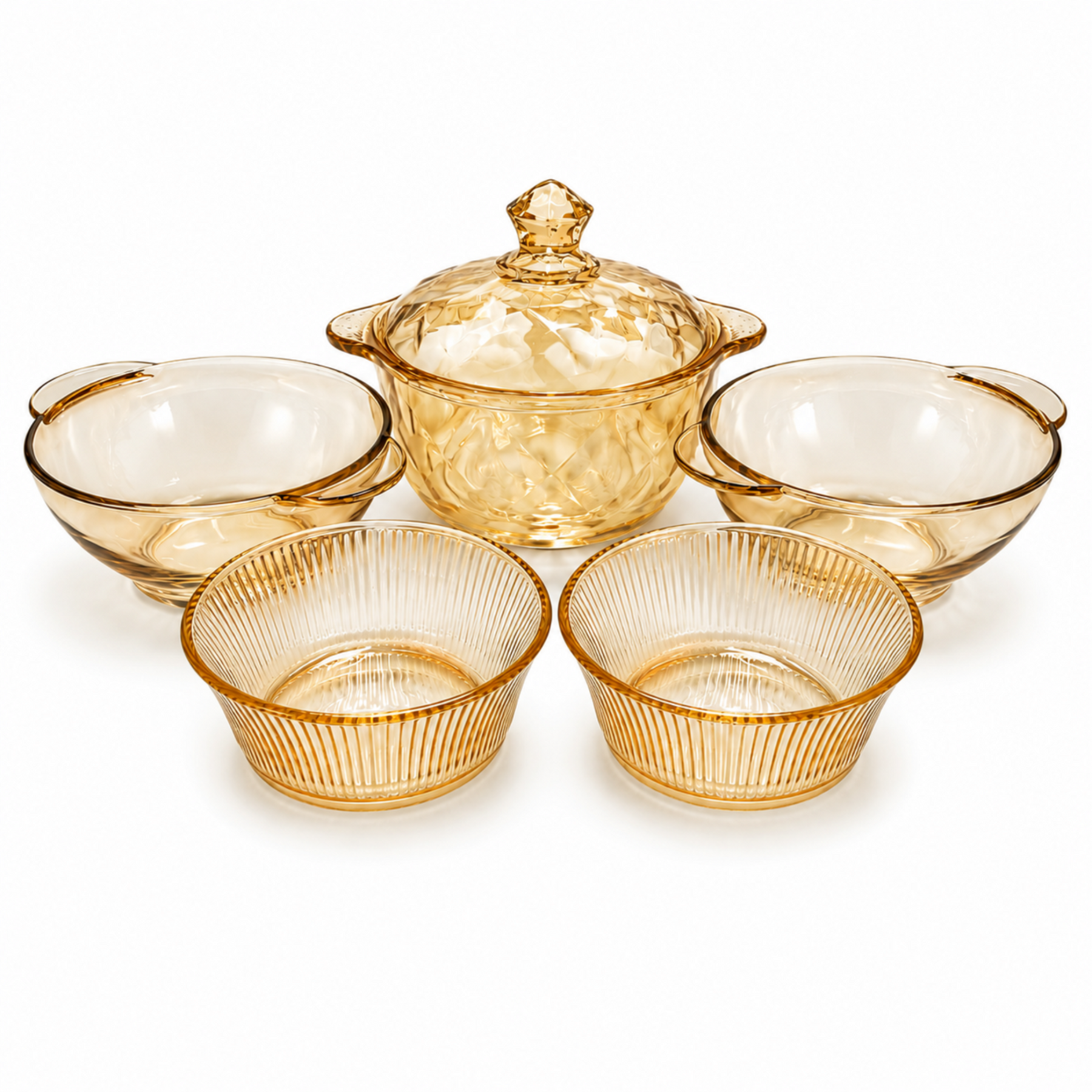 5-Piece Amber Glass Serving Bowl Set with Covered Soup Bowl and Textured Bowls