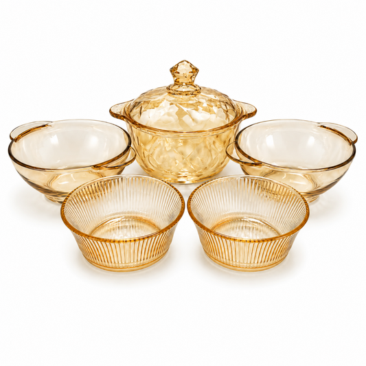 Amber Glass Serving Bowl & Covered Soup Set - 5 Piece Set