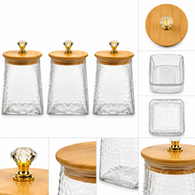 Hammered Glass Storage Jar Set with Bamboo Lids & Crystal Knobs - Amber