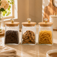 Hammered Glass Storage Jar Set with Bamboo Lids & Crystal Knobs - Amber