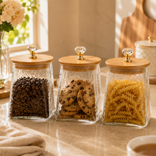 Hammered Glass Storage Jar Set with Bamboo Lids & Crystal Knobs - Amber