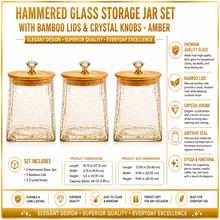 Hammered Glass Storage Jar Set with Bamboo Lids & Crystal Knobs - Amber
