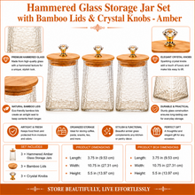 Hammered Glass Storage Jar Set with Bamboo Lids & Crystal Knobs - Amber