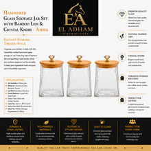 Hammered Glass Storage Jar Set with Bamboo Lids & Crystal Knobs - Amber