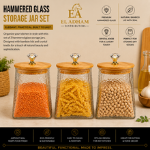 Hammered Glass Storage Jar Set with Bamboo Lids & Crystal Knobs - Amber