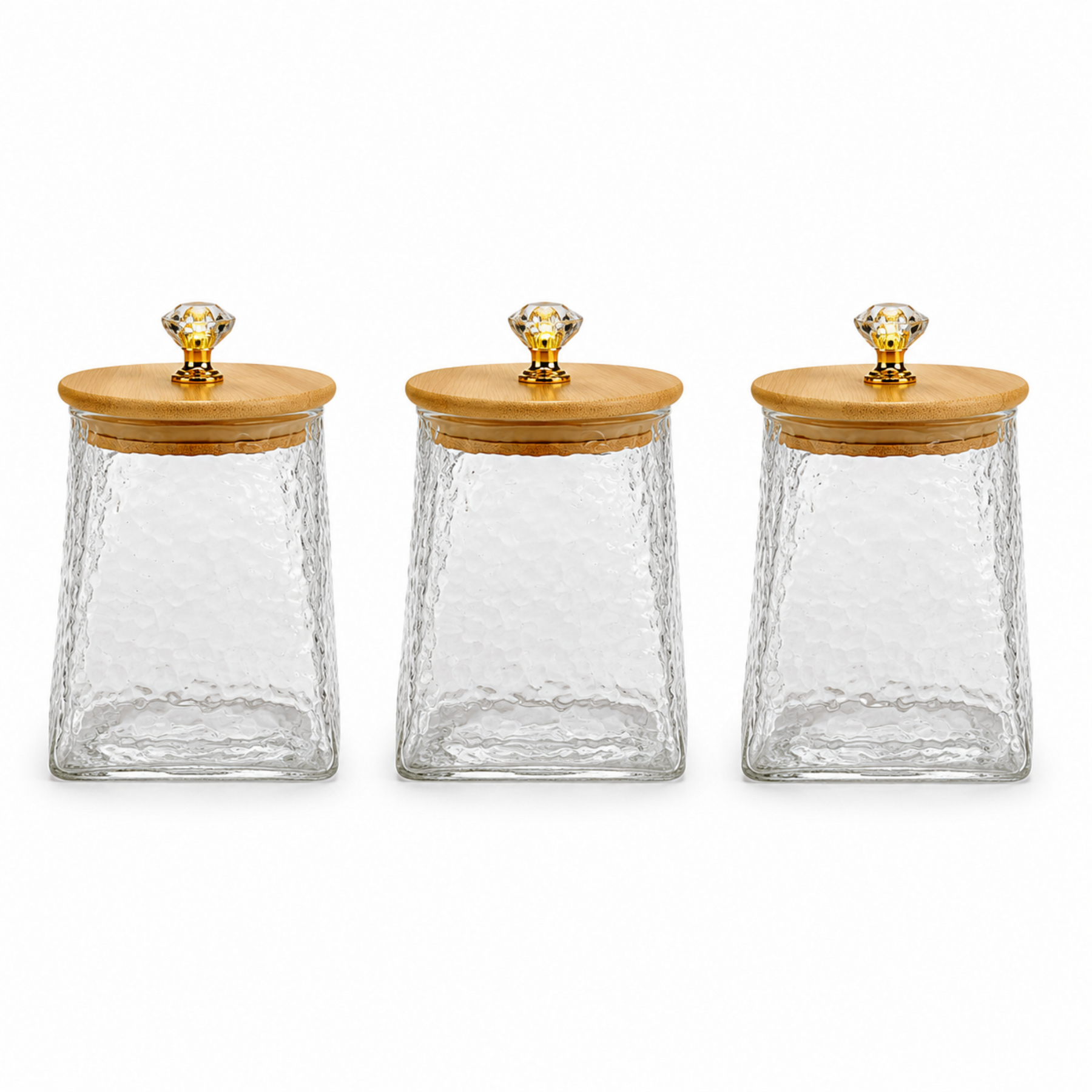Hammered Glass Storage Jar Set with Bamboo Lids & Crystal Knobs - Amber