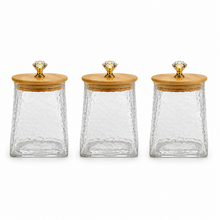 Hammered Glass Storage Jar Set with Bamboo Lids & Crystal Knobs - Amber