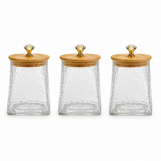 Hammered Glass Storage Jar Set with Bamboo Lids & Crystal Knobs - Amber