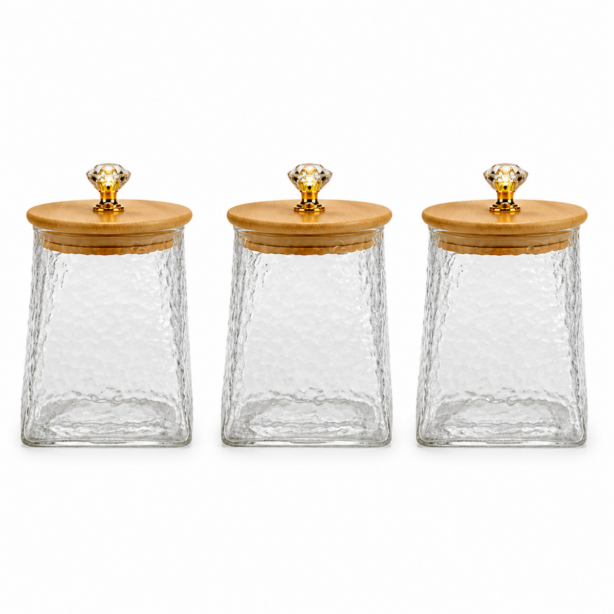 3-Piece Hammered Glass Storage Jar Set with Bamboo Lids & Crystal Knobs