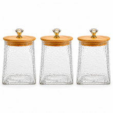 Hammered Glass Storage Jar Set with Bamboo Lids & Crystal Knobs - Amber