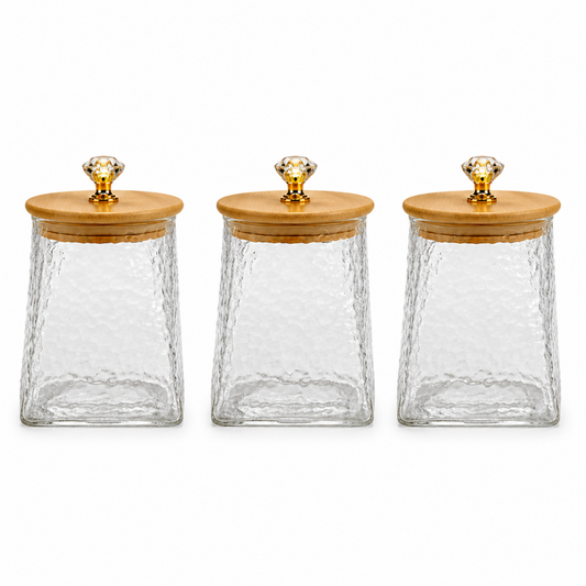 3-Piece Hammered Glass Storage Jar Set with Bamboo Lids & Crystal Knobs