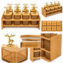 8 Jar Bamboo Spice Rack & Organizer- Amber Containers & Gold Deer Handles