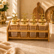 8 Jar Bamboo Spice Rack & Organizer- Amber Containers & Gold Deer Handles