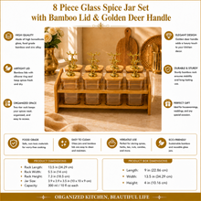 8 Jar Bamboo Spice Rack & Organizer- Amber Containers & Gold Deer Handles