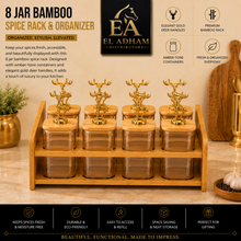 8 Jar Bamboo Spice Rack & Organizer- Amber Containers & Gold Deer Handles