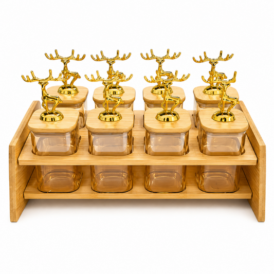 8 Jar Bamboo Spice Rack & Organizer- Amber Containers & Gold Deer Handles