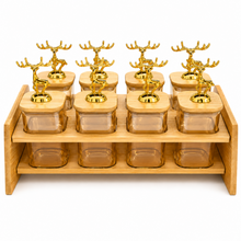 8 Jar Bamboo Spice Rack & Organizer- Amber Containers & Gold Deer Handles