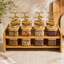 8-Jar Bamboo Spice Rack Organizer with Clear Containers and Gold Deer Lid Handles