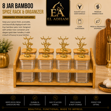 8-Jar Bamboo Spice Rack Organizer with Clear Containers and Gold Deer Lid Handles
