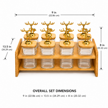 8-Jar Bamboo Spice Rack Organizer with Clear Containers and Gold Deer Lid Handles