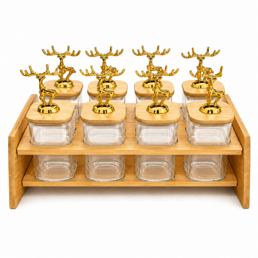 8 Jar Bamboo Spice Rack & Organizer- Clear Containers & Gold Deer Handles