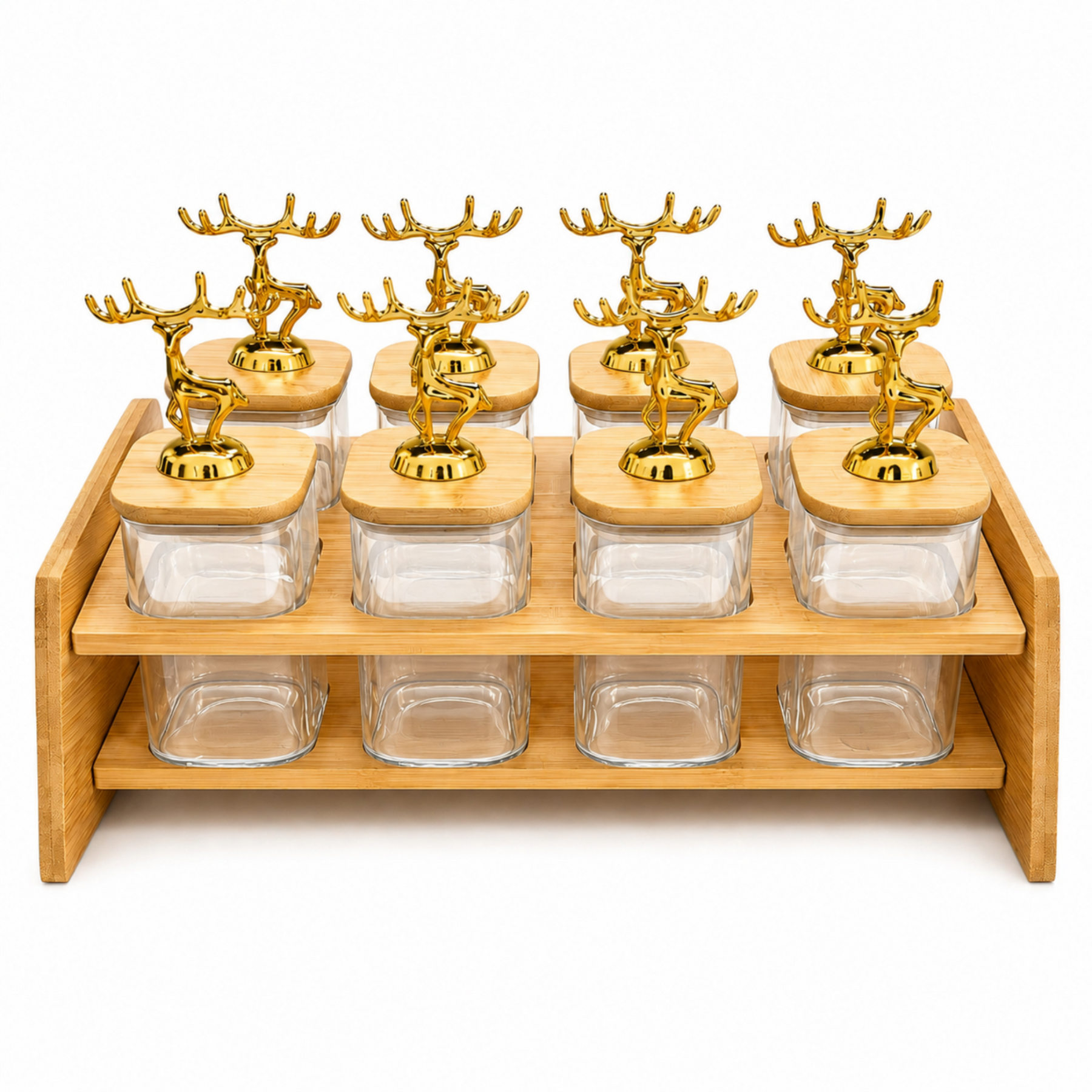 8-Jar Bamboo Spice Rack Organizer with Clear Containers and Gold Deer Lid Handles