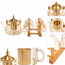 Elegant Amber Glass Teapot Set with Gold Infuser and 6 Beaded Handled Teacups - 7 Piece Collection