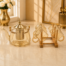 Elegant Amber Glass Teapot Set with Gold Infuser and 6 Beaded Handled Teacups - 7 Piece Collection