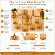 Elegant Amber Glass Teapot Set with Gold Infuser and 6 Beaded Handled Teacups - 7 Piece Collection