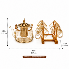 Elegant Amber Glass Teapot Set with Gold Infuser and 6 Beaded Handled Teacups - 7 Piece Collection