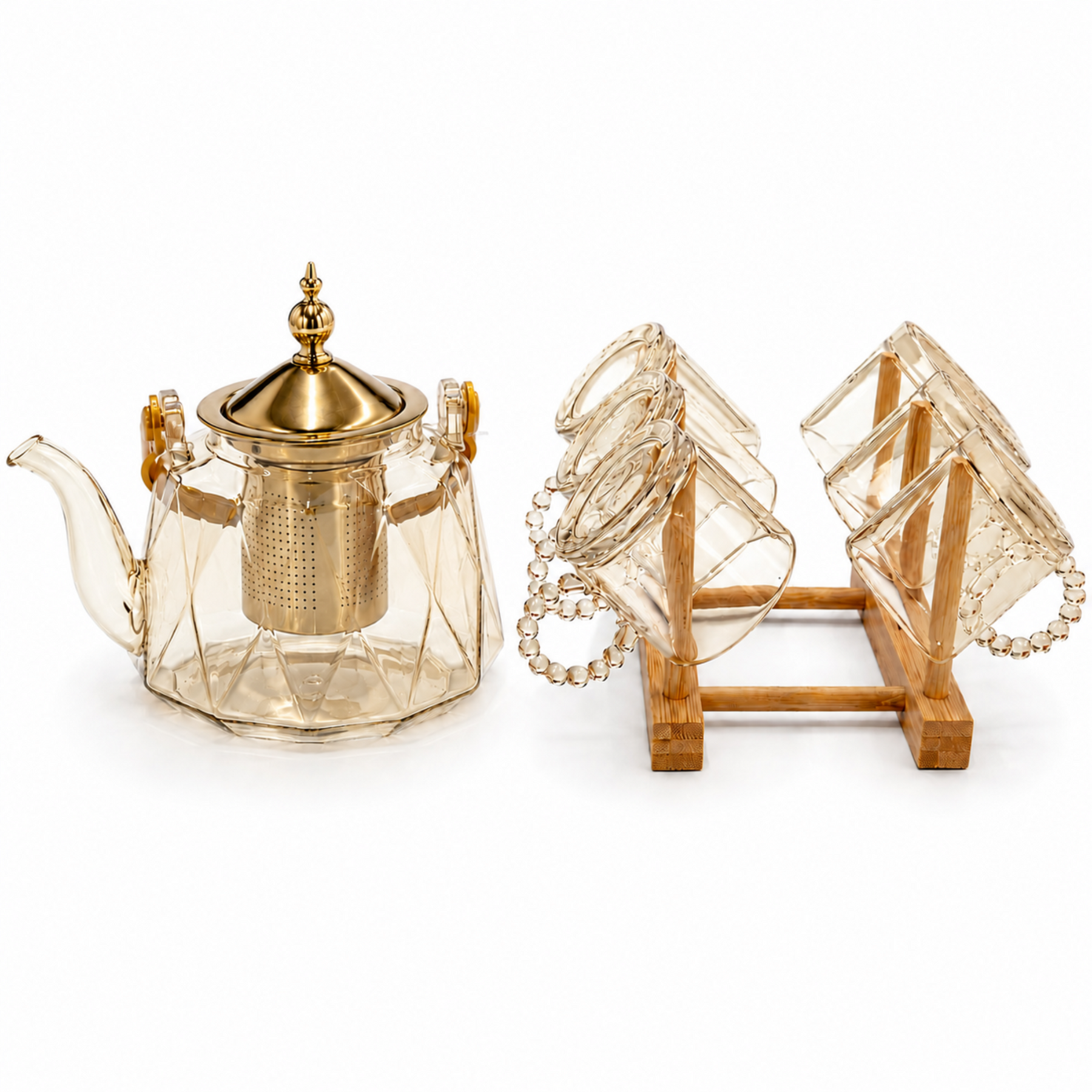 Elegant Amber Glass Teapot Set with Gold Infuser and 6 Beaded Handled Teacups - 7 Piece Collection