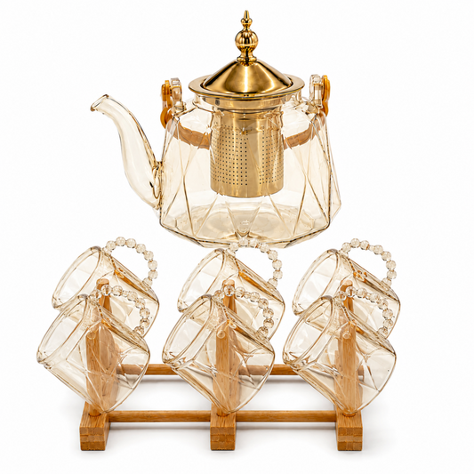 Elegant Amber Glass Teapot Set with Gold Infuser and 6 Beaded Handle Teacups – 7 Piece Tea Serving Collection