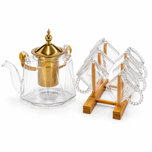 Elegant Clear Glass Teapot Set with Gold Infuser and 6 Beaded Handled Teacups - 7 Piece Collection