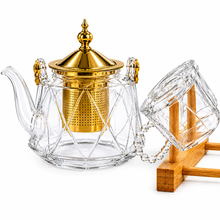 Elegant Clear Glass Teapot Set with Gold Infuser and 6 Beaded Handled Teacups - 7 Piece Collection