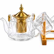 Elegant Clear Glass Teapot Set with Gold Infuser and 6 Beaded Handled Teacups - 7 Piece Collection