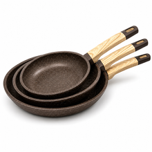 Granite Nonstick Frying Pan Set with Wood Grain Handles- Brown
