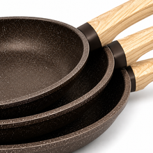 Granite Nonstick Frying Pan Set with Wood Grain Handles- Brown