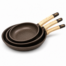 Granite Nonstick Frying Pan Set with Wood Grain Handles- Brown