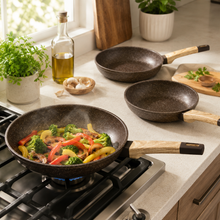 Granite Nonstick Frying Pan Set with Wood Grain Handles- Brown