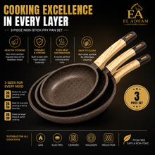 Granite Nonstick Frying Pan Set with Wood Grain Handles- Brown